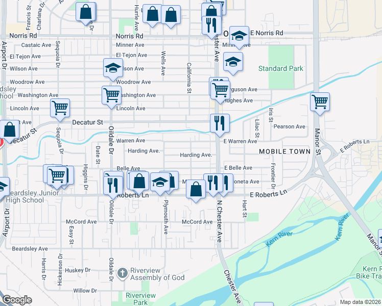 map of restaurants, bars, coffee shops, grocery stores, and more near 630 Central Avenue in Bakersfield