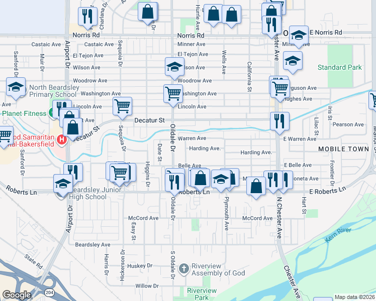 map of restaurants, bars, coffee shops, grocery stores, and more near 327 Warren Avenue in Bakersfield