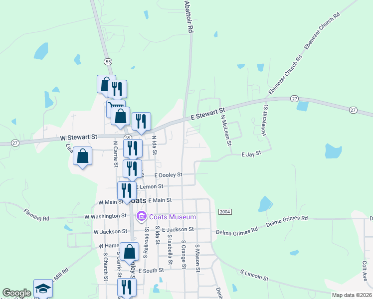 map of restaurants, bars, coffee shops, grocery stores, and more near 276 North Orange Street in Coats