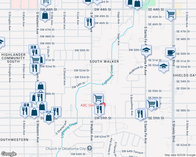 map of restaurants, bars, coffee shops, grocery stores, and more near 5400 South Walker Avenue in Oklahoma City