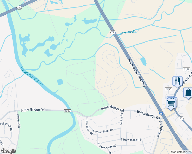 map of restaurants, bars, coffee shops, grocery stores, and more near 296 Tap Root Lane in Fletcher