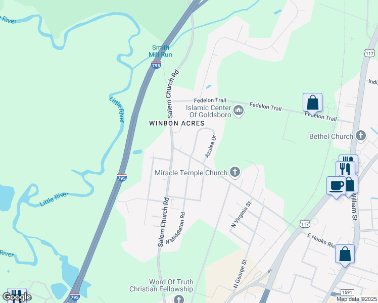 map of restaurants, bars, coffee shops, grocery stores, and more near 701 West Hooks River Road in Goldsboro