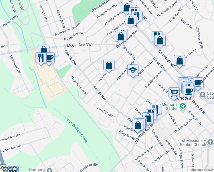 map of restaurants, bars, coffee shops, grocery stores, and more near 210 Odell Drive Northwest in Concord