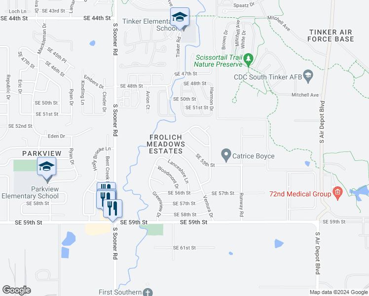 map of restaurants, bars, coffee shops, grocery stores, and more near 6116 Southeast 55th Street in Oklahoma City