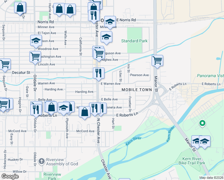 map of restaurants, bars, coffee shops, grocery stores, and more near 118 East Harding Avenue in Bakersfield