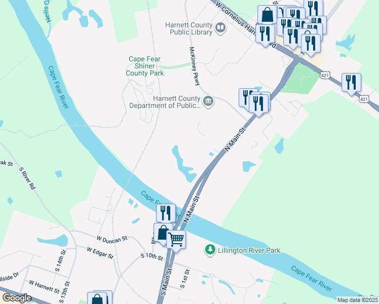 map of restaurants, bars, coffee shops, grocery stores, and more near 927 North Main Street in Lillington