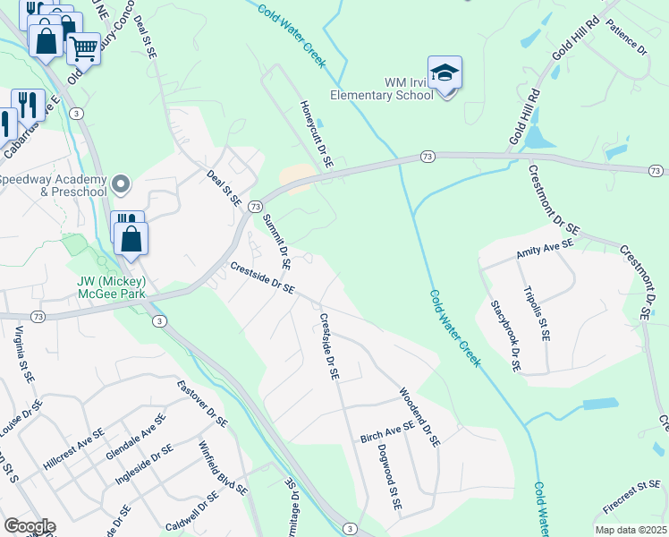map of restaurants, bars, coffee shops, grocery stores, and more near 409 Conifer Place Southeast in Concord