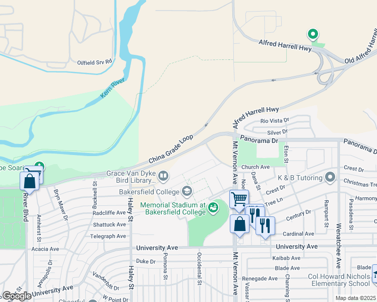 map of restaurants, bars, coffee shops, grocery stores, and more near 1801-1885 Panorama Dr in Bakersfield