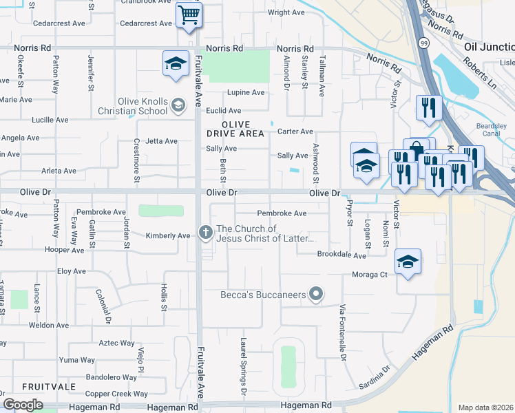 map of restaurants, bars, coffee shops, grocery stores, and more near 6101 Olive Drive in Bakersfield