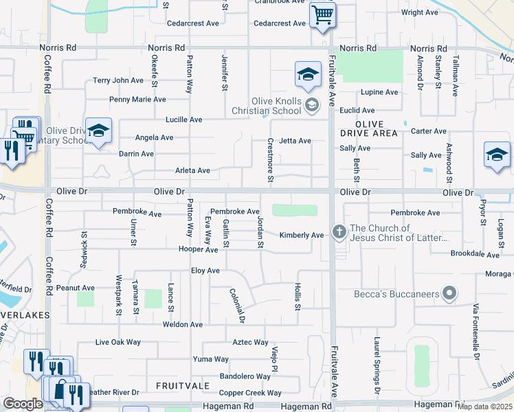 map of restaurants, bars, coffee shops, grocery stores, and more near 6901 Olive Drive in Bakersfield