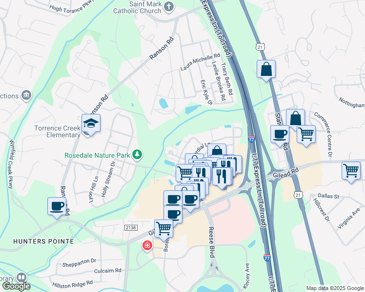 map of restaurants, bars, coffee shops, grocery stores, and more near 13420 Merry Chase Lane in Huntersville