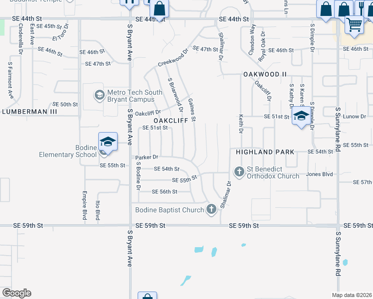 map of restaurants, bars, coffee shops, grocery stores, and more near 5305 South Briarwood Drive in Oklahoma City