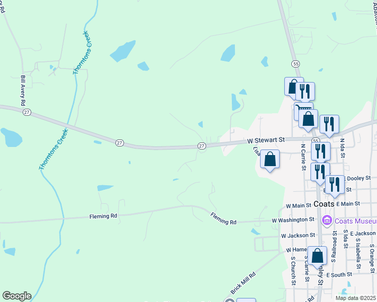 map of restaurants, bars, coffee shops, grocery stores, and more near 3602 North Carolina 27 in Coats