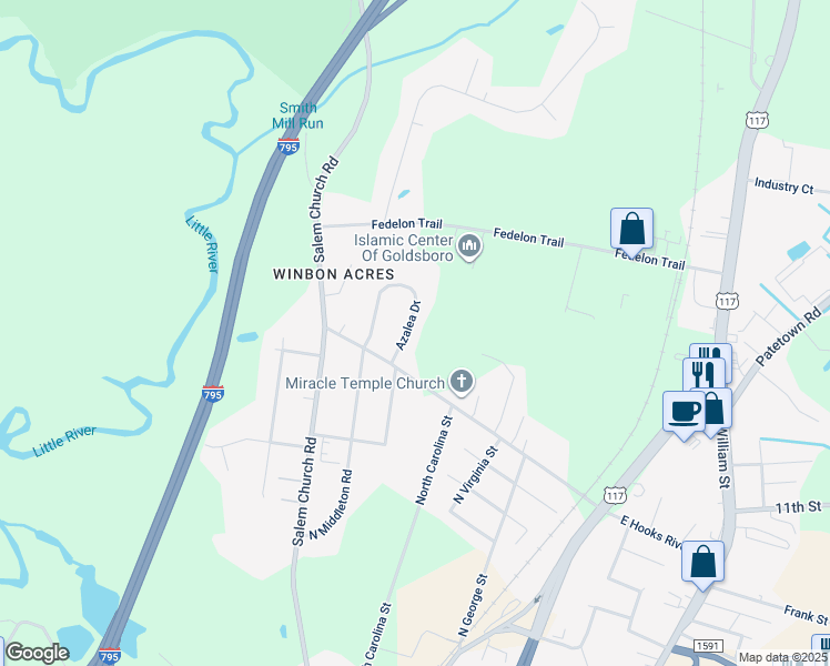 map of restaurants, bars, coffee shops, grocery stores, and more near 2010 Azalea Drive in Goldsboro