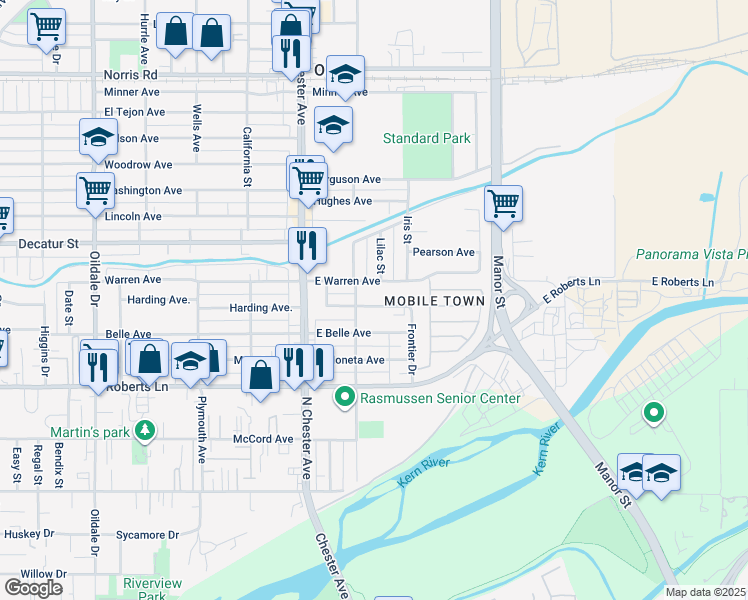 map of restaurants, bars, coffee shops, grocery stores, and more near 210 East Harding Avenue in Bakersfield