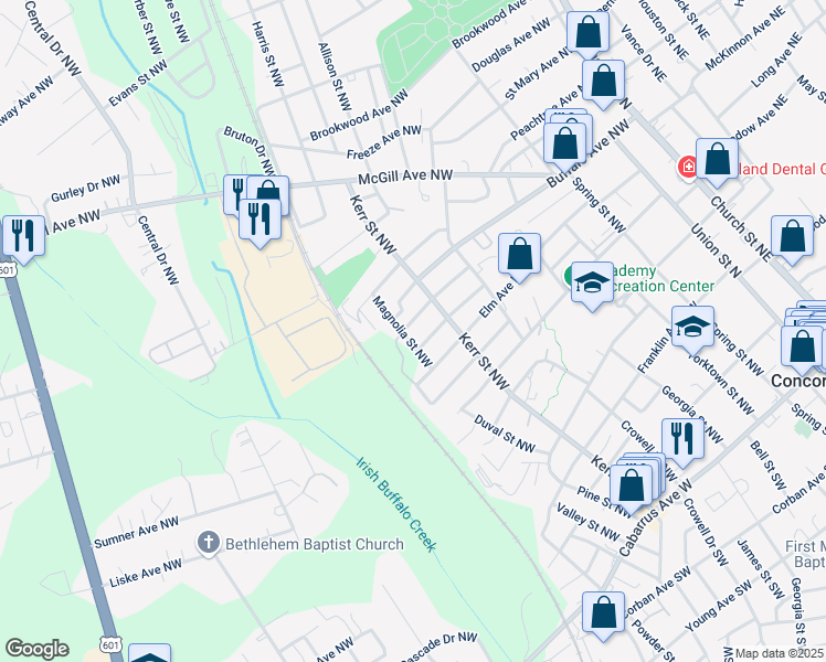 map of restaurants, bars, coffee shops, grocery stores, and more near 266 Fink Avenue Northwest in Concord
