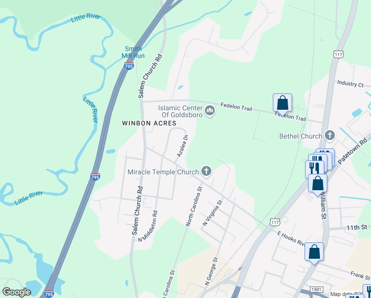 map of restaurants, bars, coffee shops, grocery stores, and more near 2010 Azalea Drive in Goldsboro