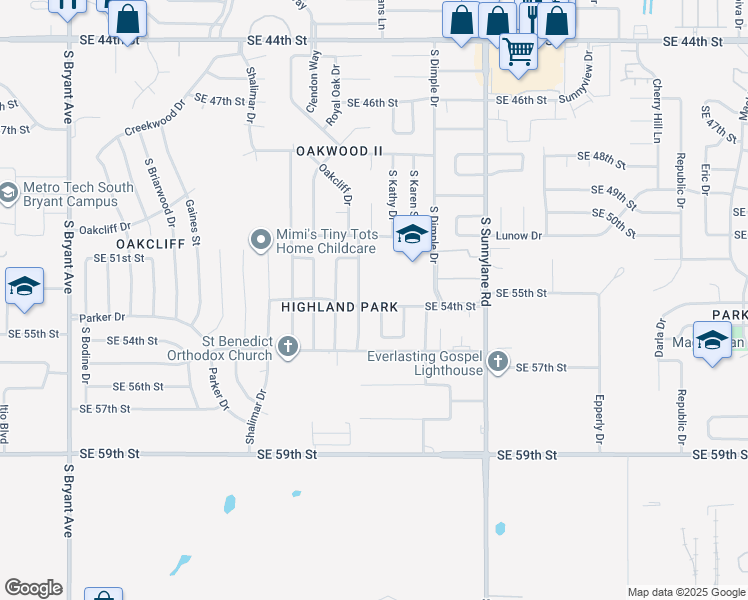 map of restaurants, bars, coffee shops, grocery stores, and more near 3909 Southeast 54th Street in Oklahoma City