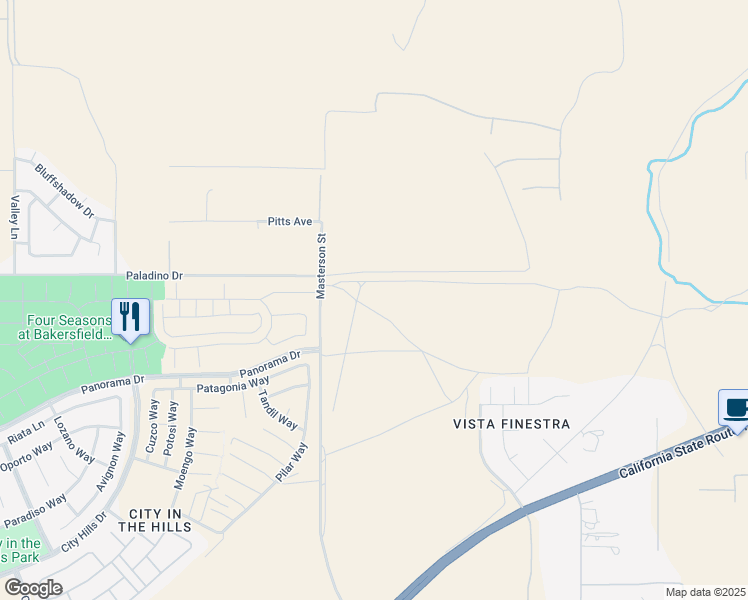 map of restaurants, bars, coffee shops, grocery stores, and more near 11303 Paladino Drive in Bakersfield