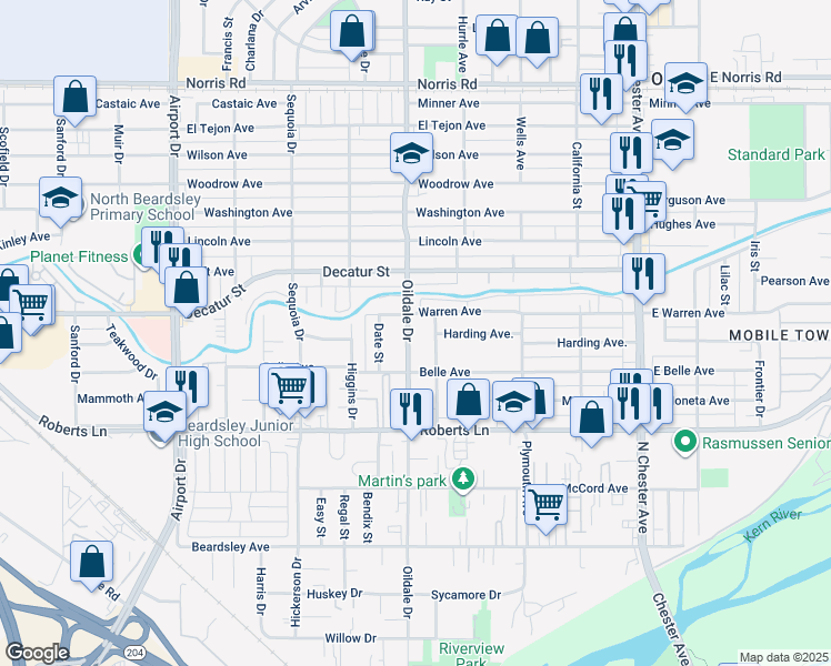 map of restaurants, bars, coffee shops, grocery stores, and more near 608 Oildale Drive in Bakersfield