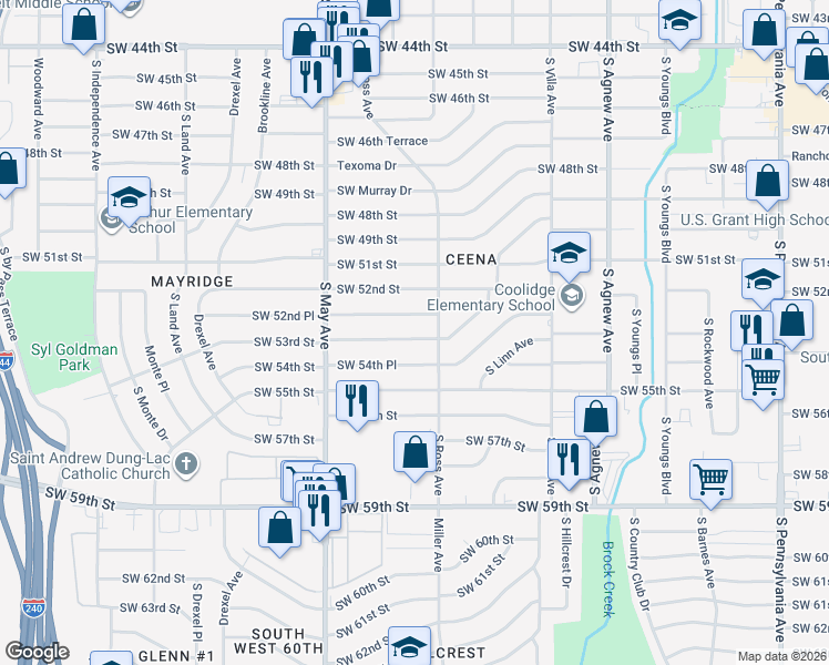 map of restaurants, bars, coffee shops, grocery stores, and more near 2704 Southwest 53rd Street in Oklahoma City
