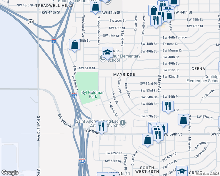 map of restaurants, bars, coffee shops, grocery stores, and more near 5317 Monte Drive in Oklahoma City