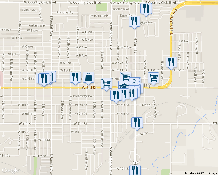 map of restaurants, bars, coffee shops, grocery stores, and more near 419 West 3rd Street in Elk City