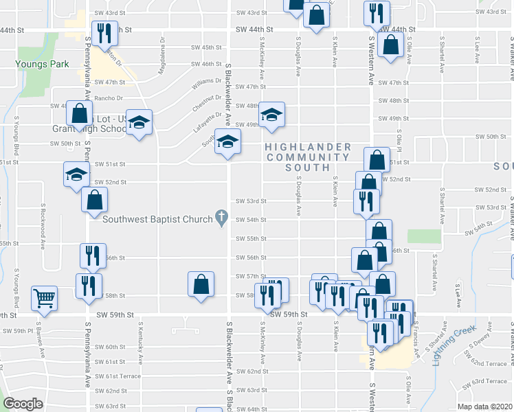 map of restaurants, bars, coffee shops, grocery stores, and more near 1204 Southwest 53rd Street in Oklahoma City