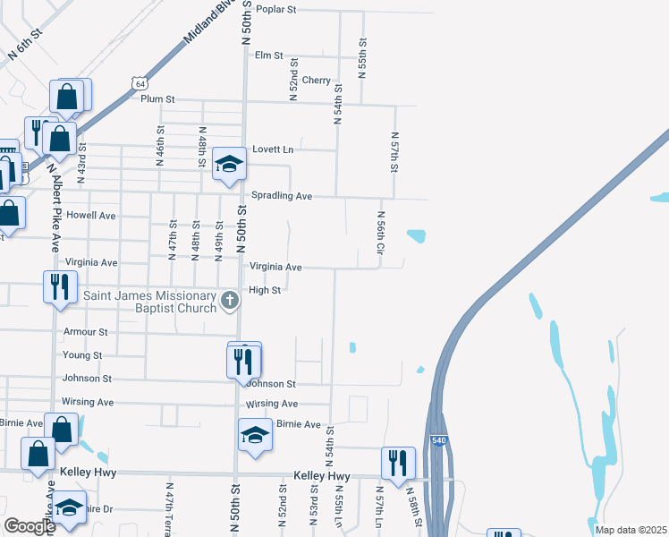 map of restaurants, bars, coffee shops, grocery stores, and more near North 54th Street in Fort Smith