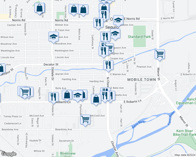 map of restaurants, bars, coffee shops, grocery stores, and more near 116 1/2 Harding Avenue in Bakersfield