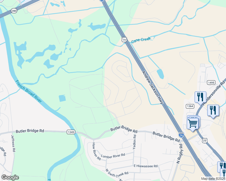 map of restaurants, bars, coffee shops, grocery stores, and more near 296 Tap Root Lane in Fletcher