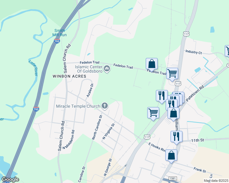 map of restaurants, bars, coffee shops, grocery stores, and more near 1917 Elton Drive in Goldsboro