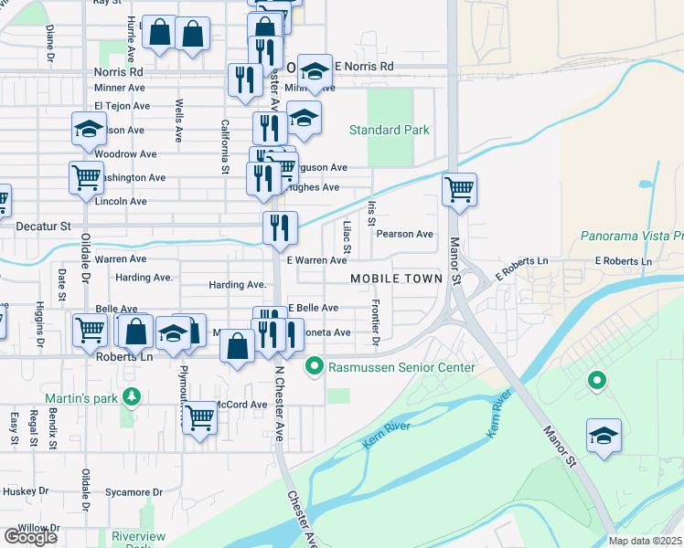 map of restaurants, bars, coffee shops, grocery stores, and more near 215 East Warren Avenue in Bakersfield