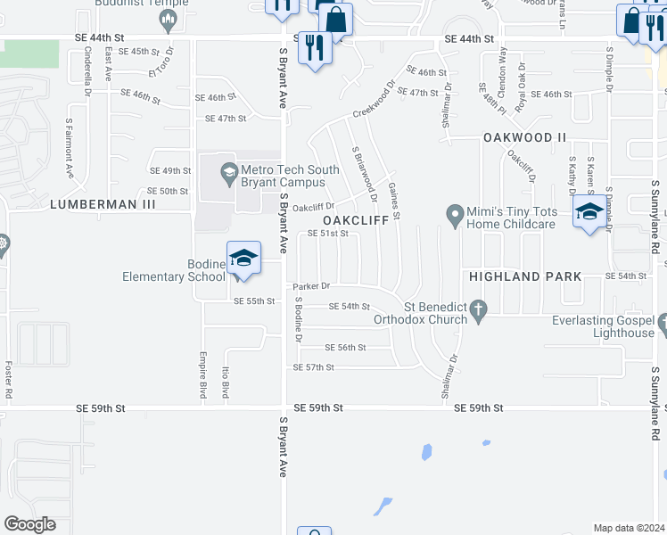 map of restaurants, bars, coffee shops, grocery stores, and more near 5305 Creekwood Terrace in Oklahoma City