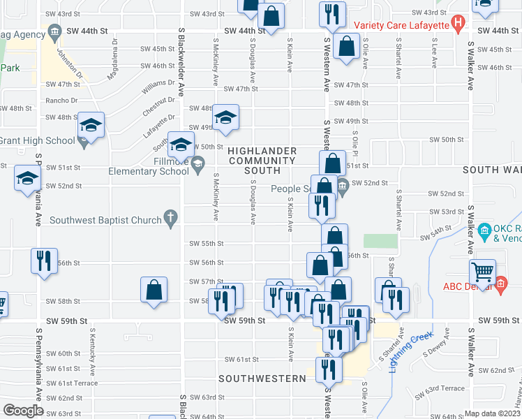map of restaurants, bars, coffee shops, grocery stores, and more near 1036 Southwest 53rd Street in Oklahoma City