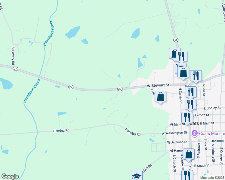 map of restaurants, bars, coffee shops, grocery stores, and more near 3602 North Carolina 27 in Coats