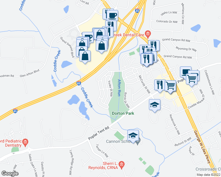 map of restaurants, bars, coffee shops, grocery stores, and more near 5801 Kesler Avenue Northwest in Concord