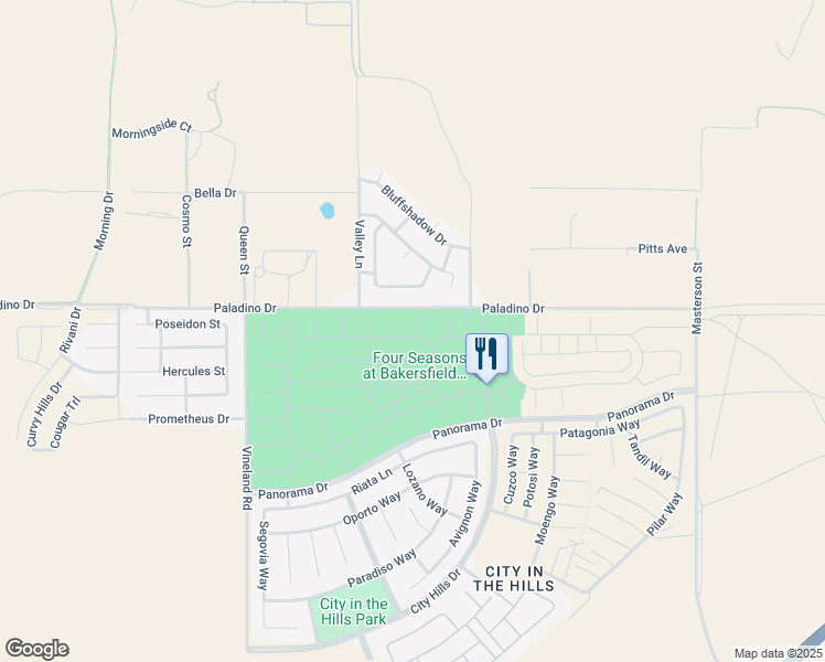 map of restaurants, bars, coffee shops, grocery stores, and more near 6406 Pretoria Place in Bakersfield