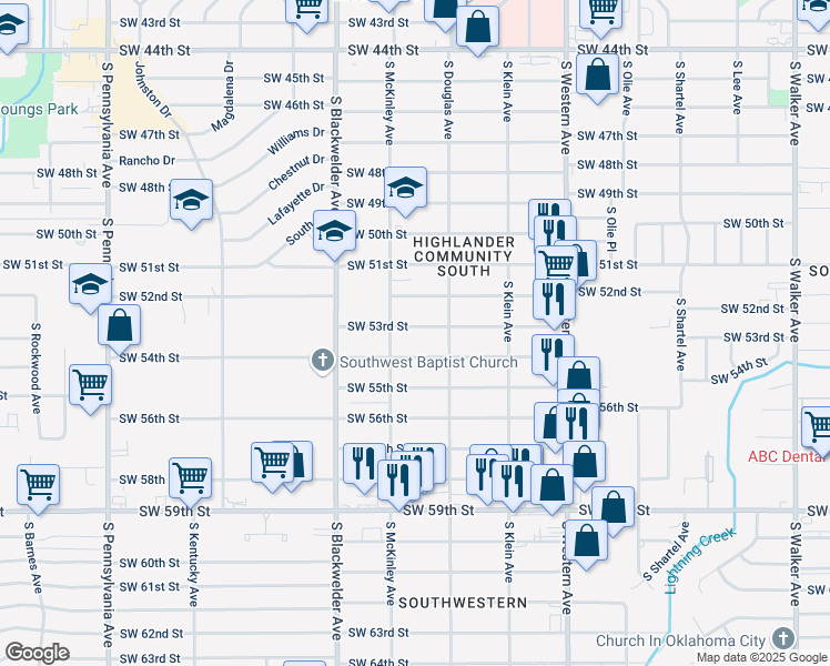 map of restaurants, bars, coffee shops, grocery stores, and more near 1124 Southwest 53rd Street in Oklahoma City
