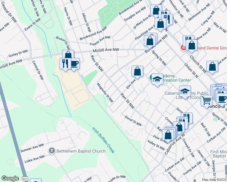map of restaurants, bars, coffee shops, grocery stores, and more near 266 Fink Avenue Northwest in Concord