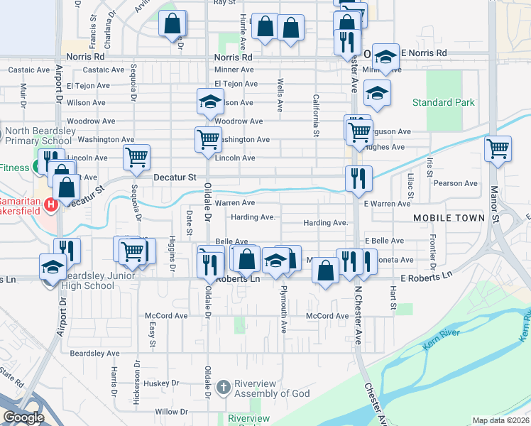 map of restaurants, bars, coffee shops, grocery stores, and more near 312 Harding Avenue in Bakersfield