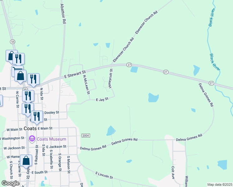 map of restaurants, bars, coffee shops, grocery stores, and more near 72 East Sally Drive in Coats