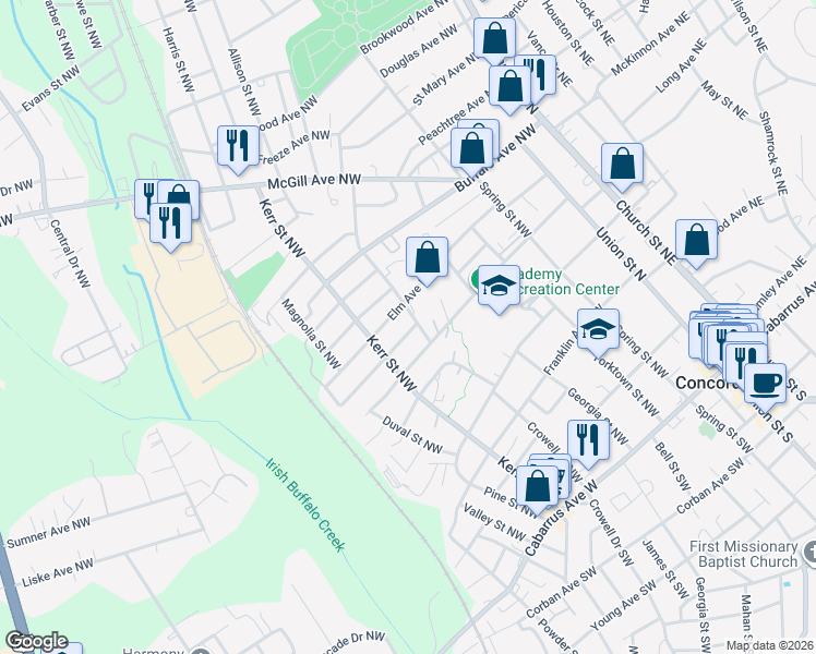 map of restaurants, bars, coffee shops, grocery stores, and more near 210 Odell Drive Northwest in Concord