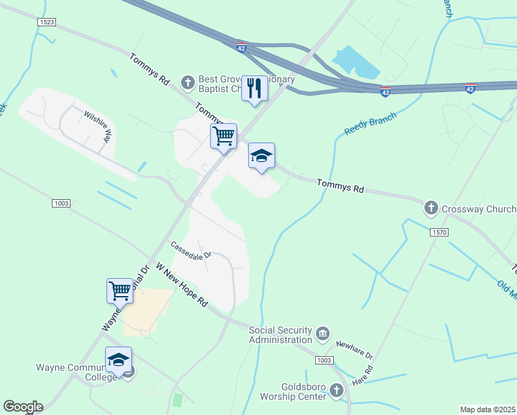 map of restaurants, bars, coffee shops, grocery stores, and more near 1150 Tommys Road in Goldsboro
