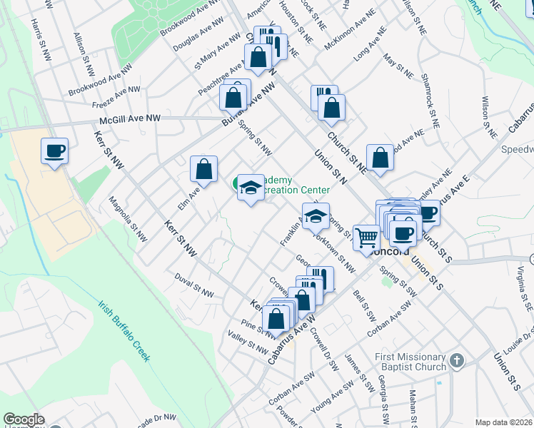 map of restaurants, bars, coffee shops, grocery stores, and more near 130 Cedar Drive Northwest in Concord