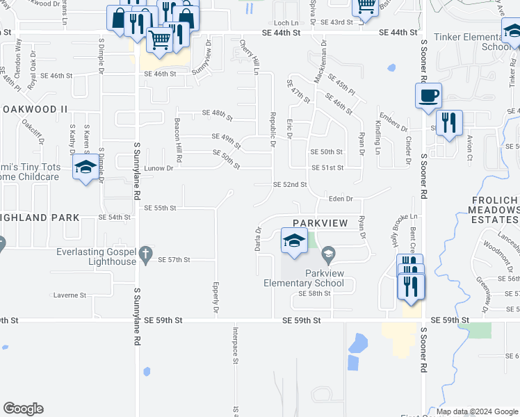 map of restaurants, bars, coffee shops, grocery stores, and more near 5328 Republic Drive in Oklahoma City
