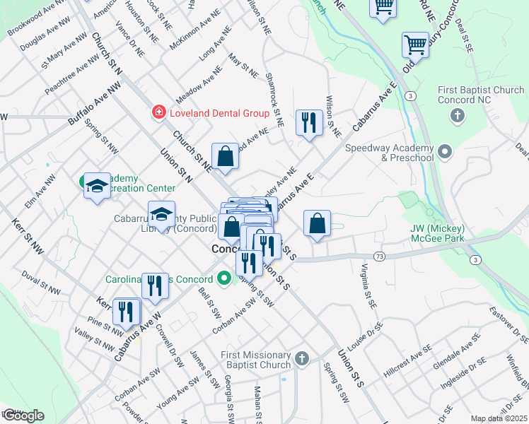 map of restaurants, bars, coffee shops, grocery stores, and more near 47 Cabarrus Avenue West in Concord