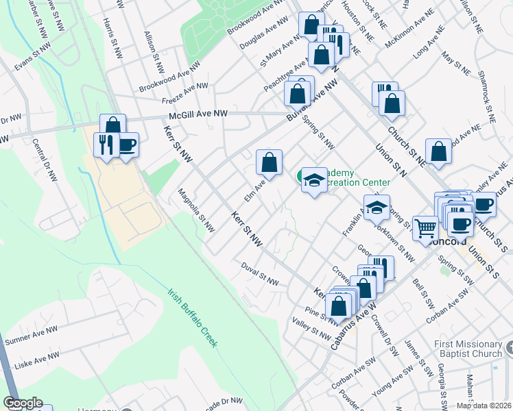 map of restaurants, bars, coffee shops, grocery stores, and more near 210 Odell Drive Northwest in Concord
