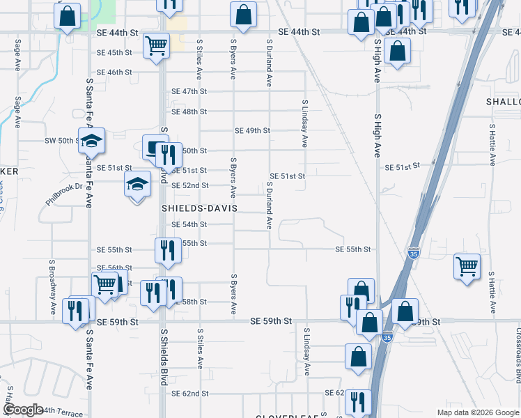 map of restaurants, bars, coffee shops, grocery stores, and more near 441 Southeast 53rd Street in Oklahoma City