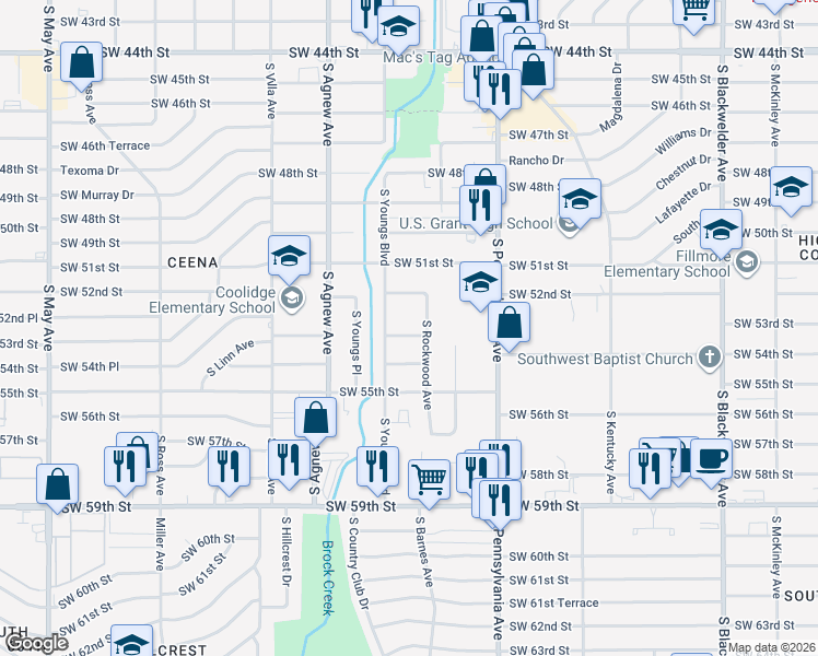 map of restaurants, bars, coffee shops, grocery stores, and more near 5327 South Rockwood Avenue in Oklahoma City